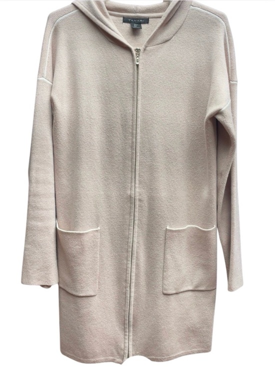 Tahari Sweaters - Tahari Beige White Trim Zip-Front Hooded Pocket Cardigan Sz L